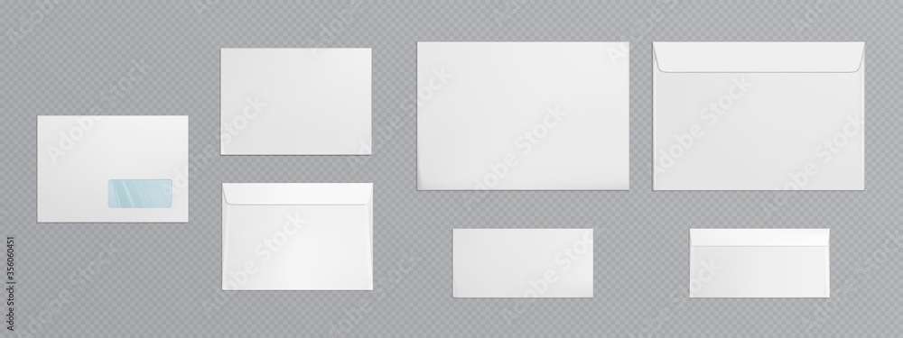 Poster white envelope template. vector realistic mockup of blank closed envelopes with transparent window, 