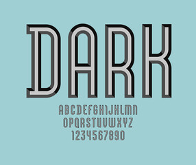 Dark metallic alphabet from chiseled block, font with effect of silver, beveled letters and numbers, vector illustration 10EPS