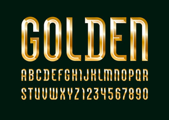 Golden alphabet from chiseled block, font with effect of gold metallic, beveled letters and numbers, vector illustration 10EPS