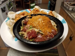 hand holding bowl of raw tuna and dumplings with spicy sauce and rice