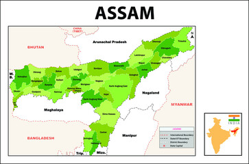 Assam map. Political and administrative map of Assam with districts name. Showing International and State boundary and district boundary of Assam. Vector illustration of districts map.