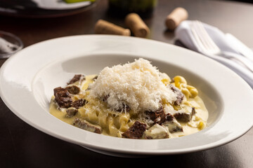 meat and cheese gnocchi pasta made with sirloin and white creamy sauce