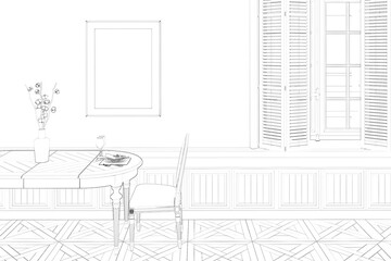 Sketch of the dining room interior with wooden window shutters, wooden wall panels, the vertical poster above a served table. Mockup. 3d render