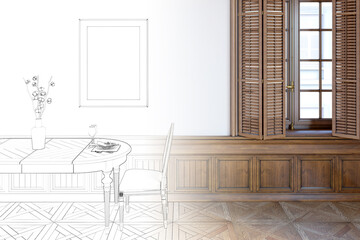 The sketch becomes a real dining room interior with wooden window shutters, wooden wall panels, the vertical poster above a served table. Mockup. 3d render