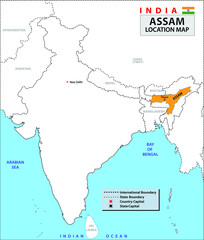 Assam map. Political and administrative map of Assam with districts name. Showing International and State boundary and district boundary of Assam. Vector illustration of districts map.