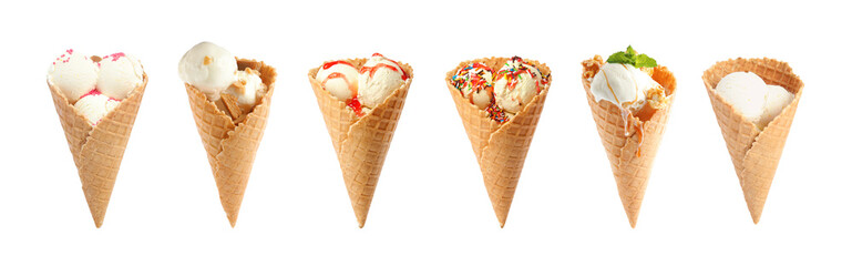 Set of different ice creams in wafer cones on white background. Banner design