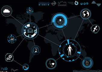 Futuristic technology - car driving control. Scheme with icons and world map on black background