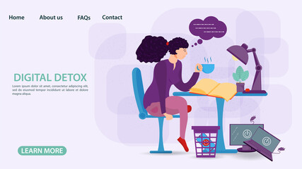 Digital detox banner concept for web and mobile sites a small person a girl with a Cup of tea reading a book at a table in a trash can gadgets flat vector illustration