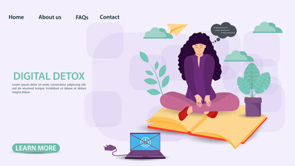 Digital detox banner concept for web and mobile sites Girl in the Lotus position sitting on a book next to a switched off laptop flat vector illustration