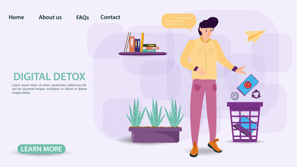 Digital detox banner concept for web and mobile sites little man guy throws phone and laptop in the trash flat vector illustration