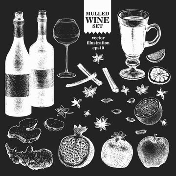 Hand drawn mulled wine ingredients illustrations. Vector illustrations on chalk board. Vintage background