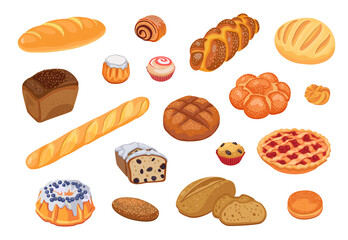 Bread assortment flat icon set. Cartoon bun, pretzel, cakes, baguette, bagel, whole grain bread isolated vector illustration collection. Bakery concept