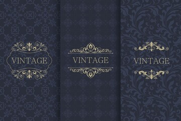 Set of Vintage seamless damask pattern. Template greeting card, invitation and advertising banner, brochure. Collection of design elements, labels, icon, frames for packaging, design of luxury product