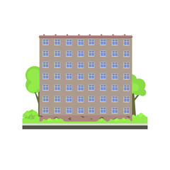 High-rise building on a green lawn with trees and shrubs. Vector illustration, flat cartoon design.