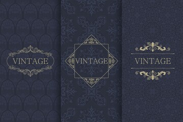 Set of Vintage seamless damask pattern and elegant floral elements in dark blue, black and gold. Collection of design elements, labels, icon, frames for packaging,design of luxury products
