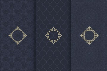 Set of Vintage seamless damask pattern and elegant floral elements in dark blue, black and gold. Collection of design elements, labels, icon, frames for packaging,design of luxury products