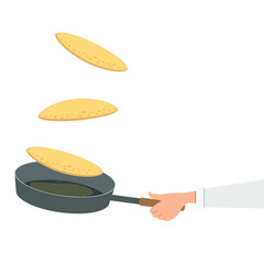 Hand throws pancakes in a pan. Vector illustration, flat cartoon design.