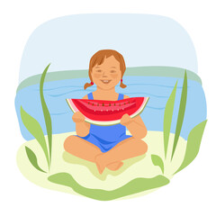 Obraz na płótnie Canvas Little girl in blue with a slice of watermelon on the beach. Vector illustration.