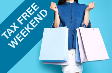 Woman with shopping bags and text TAX FREE WEEKEND on blue background, closeup