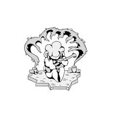 Linear, black and white drawing. A girl or a man in the wild forest protects the guitar. Isolated image on a white background. Raster graphics