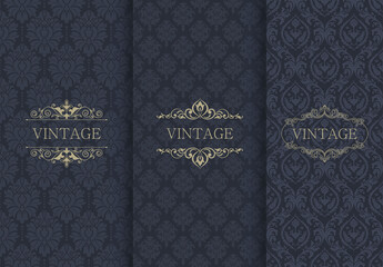 Fototapeta premium Set of Vintage seamless damask pattern. Template greeting card, invitation and advertising banner, brochure. Collection of design elements, labels, icon, frames for packaging, design of luxury product
