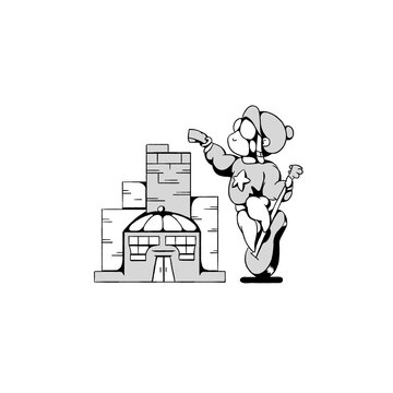 Linear, black and white drawing. A girl or a man builds a house standing on a guitar. Isolated image on a white background. Raster graphics