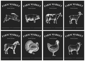 Labels with farm animals. Vintage set templates price tags for shops and markets. Vector illustrations on chalk board.