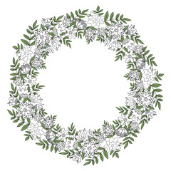 Obraz premium Of flowers wreath frame postcard in isolation on a white background. Doodle flowers monochrome