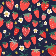 Decorative seamless pattern with strawberry flowers and fruits