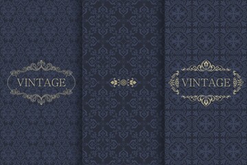 Fototapeta premium Set of Vintage seamless damask pattern. Template greeting card, invitation and advertising banner, brochure. Collection of design elements, labels, icon, frames for packaging, design of luxury product