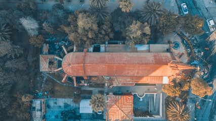 Santiago de Chile -Church of Carabineros de Chile burned in the photograph can be seen how it was the day after with a zenithal photograph taken by a drone