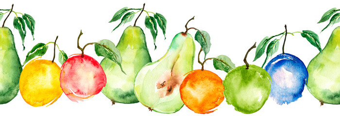 Watercolor painting, vintage seamless pattern - tropical fruits, citrus, slices of lemon, orange, mandarin, grapefruit.apricot, peach, apple, plum, cherry plum. Splash of paint yellow, red and orange.