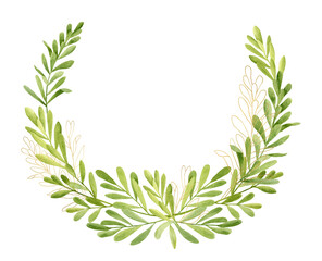 Watercolor green and golden glitter contour leaves wreath. Hand drawn semicircle frame template with tea tree plant isolated on white background. Painted herbs for cosmetic, invitation, card, wedding.