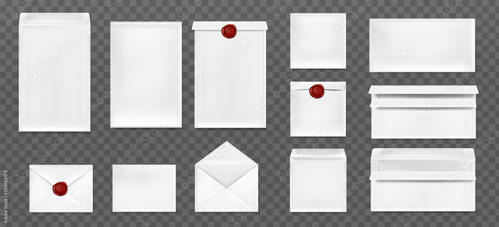 Poster white envelopes with red wax seal. vector realistic mockup of blank closed and open envelopes, lette