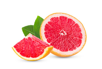 pink orange or grapefruit with leaf isolated on white background