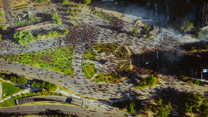 Santiago de Chile 10/20/2019 Aerial aerial photography with a drone on Baquedano square where you can see the thousands of protesters who arrive at the place.