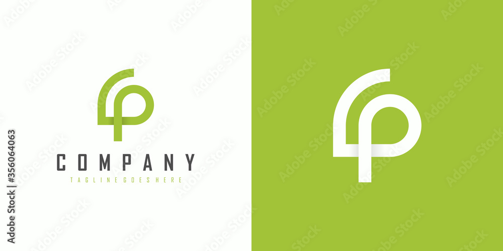 Poster abstract initial letter g and p linked logo. green linear leaf symbol isolated on double background.