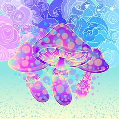 Magic mushrooms over sacred geometry. Psychedelic hallucination. Vibrant vector illustration. 60s hippie colorful art.