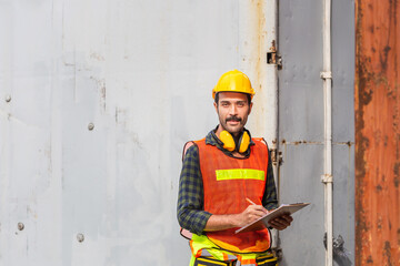 Worker man holding clipboard checklist and looking at camera checking containers box from cargo