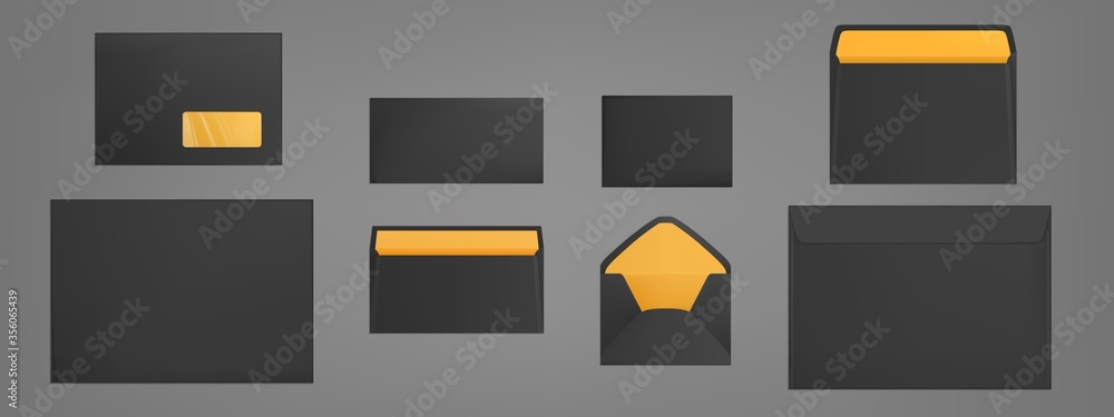 Aufkleber black envelopes template set. blank closed and open craft paper covers various size, letter package 