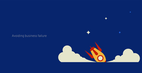 The rocket crashed into the ground, the fall of a space rocket. Vector flat cartoon illustration.