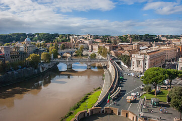 Rome skyline as seen from Castel Sant'Angelo, with the bridges of Vittorio Emanuele II over the Tiber river.