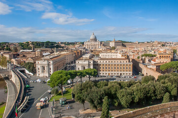 Fototapeta na wymiar The Vatican City seen from the terrace of Castel Sant'angelo. Note the basilica of San Pietro and the Borgo district on the right, with the 