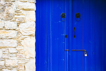 Traditional Wooden Blue Door in Lefkara Village.