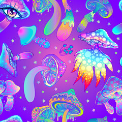 Magic mushrooms. Psychedelic hallucination. Vibrant vector illustration. 60s hippie colorful background, hippie and boho texture. Ttrippy wallpaper. - obrazy, fototapety, plakaty