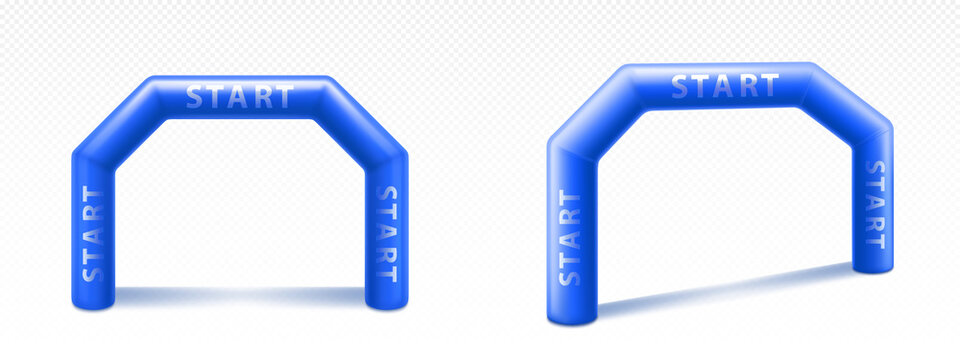 Inflatable Arches For Advertising, Races, Marathon And Sports Events. Blue Archways Gate With Lettering, Finish Start On Sports Competition Isolated On White Background, Realistic Vector Illustration