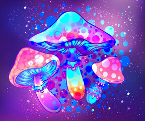 Magic mushrooms over sacred geometry. Psychedelic hallucination. Vibrant vector illustration. 60s hippie colorful art.