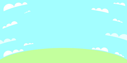 Green background for text: meadow, horizon and sky with clouds. Concept: free space for text on the topic of ecology, children's books, psychology, motivation, utterances, quotes, illustrations. 
