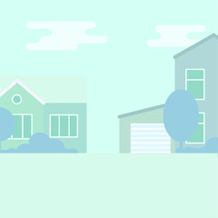 Background with a private house, garage, road and sky. Vector illustration, flat design, eps 10.