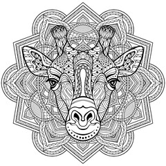 Giraffe. Coloring is hand-drawn in the style of Zentangle, Doodle. Full face illustration animal's head black lines on a white background. Ethnic ornaments Indian, Mexican. Vector abstract background